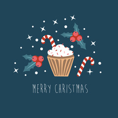 Merry Christmas. Vector Greeting Card with Hand Drawn Doodle Christmas Pudding, Snowflakes. Winter Holiday Background
