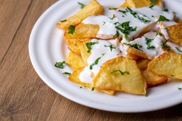 Traditional delicious Turkish foods, fried potatoes with yoghurt (Turkish name; Yogurt soslu patates kizartmasi)