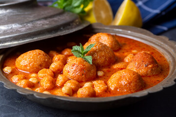 Traditional delicious Turkish foods; Bulgur soup (Turkish name; Anali Kizli, icli kofte)