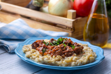 Turkish Food Hunkar Begendi made with Eggplant and Meat.