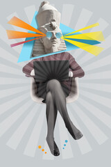 Funny buisness woman with statue head sitting with laptop on color abstract background. Art collage