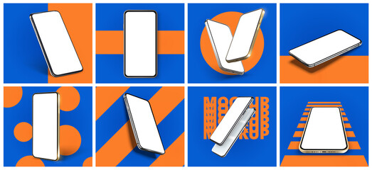 Smartphone frame less blank screen, rotated position. Smartphone from different angles. Mockup generic device. Vector smartphones set.Template for infographics or presentation 3D realistic phones. UX