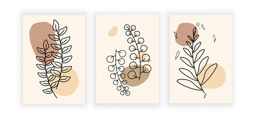 Contemporary Organic Art. Collection of posters with geometric shapes, lines and branches. Design element for fabric printing and wall decoration. Cartoon flat vector set isolated on white background