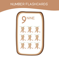 Cute number flashcards with animals set. Vector illustration.