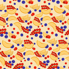 Apricot, red currant and blueberry seamless pattern. Fruit berry background. Design for fabric, textile, wrapping paper