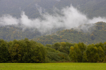 a cloud floating on a mountain slope