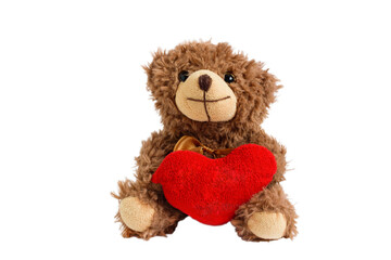 Teddy bear heart isolated. Fluffy stuffed toy on a white background close-up. Teddy bear with a red heart for the design of postcards, websites, covers. The concept of the Valentine's Day holiday.