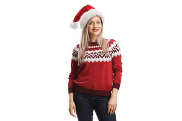 Blond woman in a christmas red sweater and a santa hat
