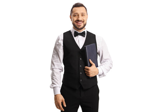 Waiter with a bow tie holding a menu list