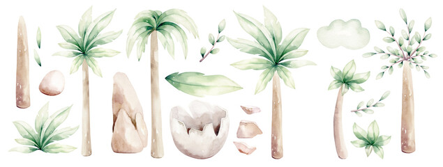 Watercolor cute dino. Dinosaurs Set Isolated on a White Background Hand Drawn Illustration, Baby shower invitation kids birthday jurassic party. cartoon tyrannosaurus decor © kris_art