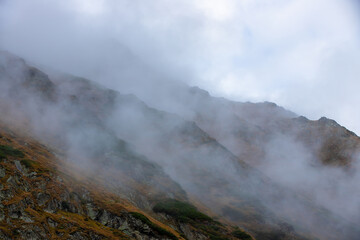 The slopes of a mountain in the fog