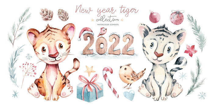 Watercolor babyTiger. Symbol of the New year 2022. Watercolor Cute cartoon animal. Christmas party decoration. chinese calendar, invitation card