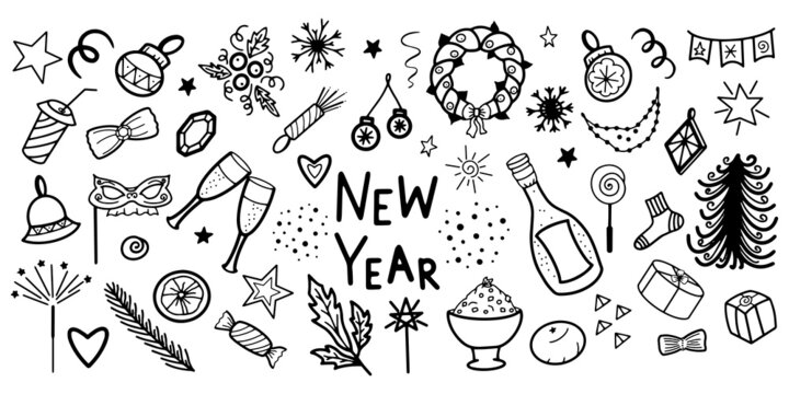 Set of Isolated simple hand drawn new year elements for creating textile designs, postcards, calendars, photo frames. 
