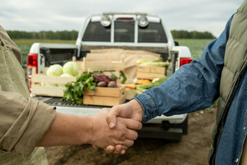 Hands of two farmers shaking hands against car trunk with vegetable harvest