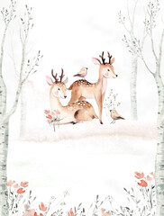 Woodland watercolor cute animals baby deer. Scandinavian cartoon forest nursery poster design. Isolated charecter - 460910302