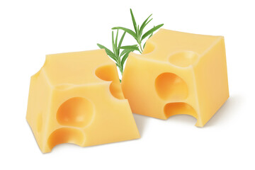 cubes of cheese in wooden bowl isolated on white background with clipping path and full depth of field