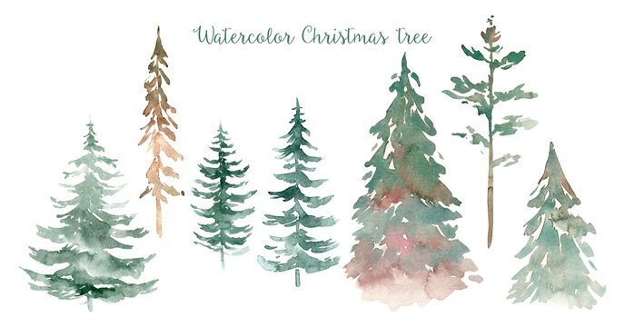 Fir new year Christmas tree set and mountain, landscape. isolated spruces on a light background. Watercolor painting.