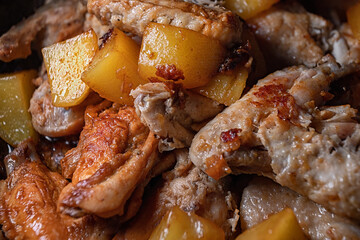 Fried chicken wings with potatoes are cooked in a pan, close-up with shallow depth of field