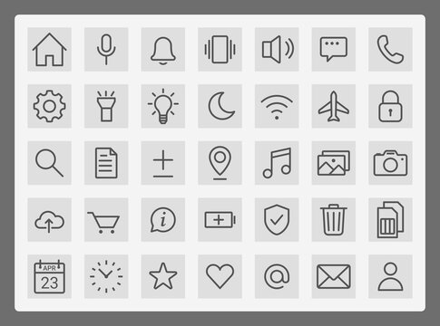 UI icons set. Line vector symbols for mobile technologies and web. Editable line thickness. Simple and clear images of the phone, messages, gallery, volume, calendar and other commonly used icons.