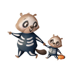 Illustration of a cute cartoon Halloween beaver wearing a skeleton costume. Halloween animals. Halloween kids.