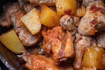 Fried chicken wings with potatoes are cooked in a pan, close-up with shallow depth of field