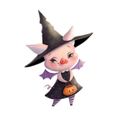 Illustration of a cute cartoon Halloween pig in a bat witch costume. Halloween animals. Halloween kids.