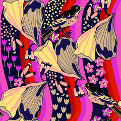 seamless pattern with flowers and birds