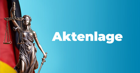 Aktenlage. Justitia Statue vor einer Deutschland Flagge. Text auf blauem Untergrund.