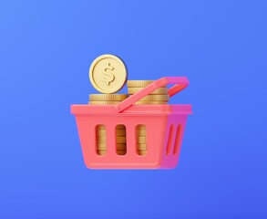 Shopping basket with money stack. E-commerce and cash back concept. 3d rendering.