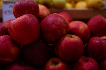 Ripe red apples close-up. Farmers' market.
