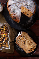 Panettone. Typical fruit cake served at Christmas. Top view