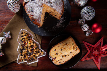 Panettone. Typical fruit cake served at Christmas. Top view