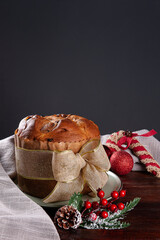 Panettone. Typical fruit cake served at Christmas. Copy space