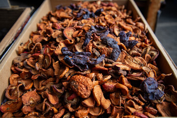 A bunch of sliced dry apple. Dried fruit texture.