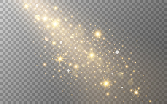 Shining gold particles. Christmas lights template. Magic bright trail. Glowing golden sparks and bokeh. Falling stars with gold dust. Vector illustration