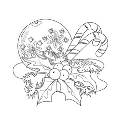 Christmas composition of orange with carnation, holly and candy cane. Coloring book.