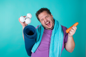 Diet and healthy lifestyle. Funny fat man. Blue background.