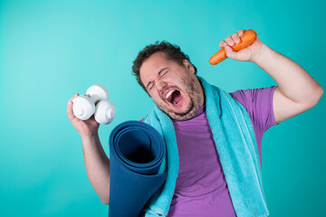 Diet and healthy lifestyle. Funny fat man. Blue background.