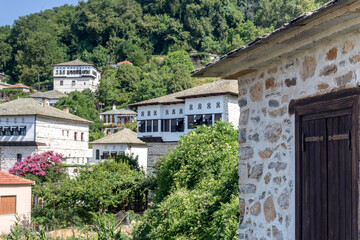 Fototapeta na wymiar View of the mountains village of Pinakates (South Pelion) with traditional houses (Prefecture of Magnesia, Greece)