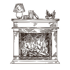 Traditional fireplace with a burning fire. Sketch. Engraving style. Vector illustration.