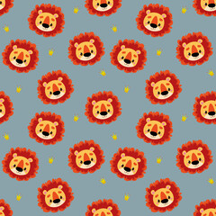 Seamless pattern with heads of cute lion cubs on a gray background. Cartoon funny lions avatar. Vector children s illustration for packaging and textiles.
