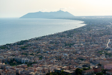 Fototapeta na wymiar Aerial view on Terracina, mountains and Tyrrhenian Sea bay, ancient Italian city in province Latina