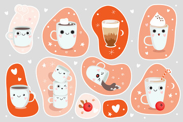 Set of funny characters of coffee cups. Hand drawn colored trendy vector illustration. Kawaii anime design. Cartoon style. Ready-made stickers