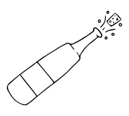 Doodle open bottle of champagne. Cute vector illustration of cork flying from a champagne bottle. Fun clipart for celebration.