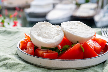 Cheese collection, fresh Italian soft cheese mozzarella di bufal campana served with fresh basil...