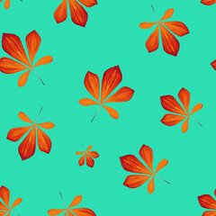 Seamless pattern with chestnut  leaves in Orange, Brown and Yellow isolated on  green . Perfect for wallpaper, gift paper, pattern fills, autumn greeting cards