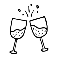 Doodle two clinking glasses. Hand drawn vector illustration with glasses of champagne. Black and white clipart.