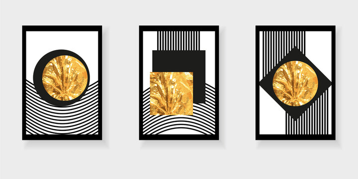 Set of minimalistic geometric backgrounds for wall decor, posters, book covers, social media . Modern abstract black and white art templates with geometric shapes and stripes and luxury gold texture.
