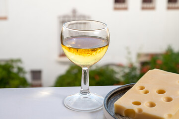 Cheese collection, semi-hard French cheese emmentaler with round holes made from cow milk served...