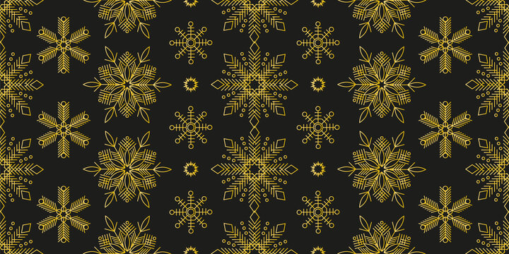 Seamless pattern with gold snowflakes on black for decoration of Christmas and New Year projects. Winter background for textiles, festive packaging, wallpaper.